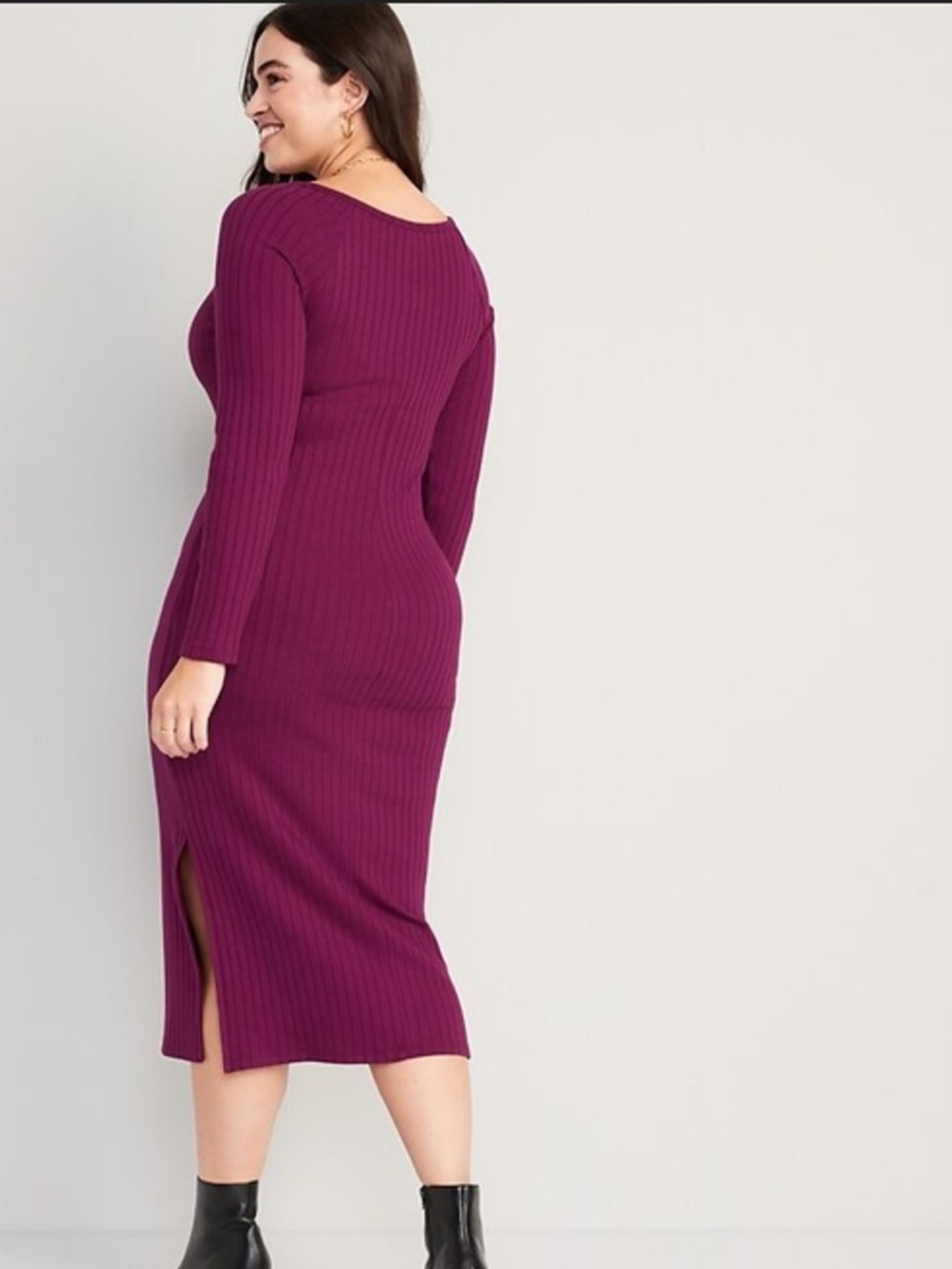 Old Navy Dress - purple Fitted Long-Sleeve Rib-Knit Midi Dress